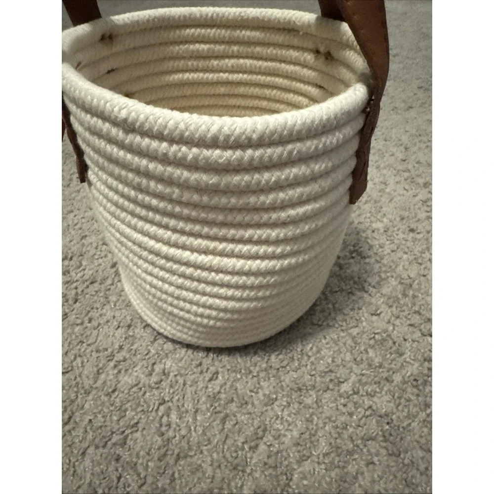 Peace Love World Woven Cream Small Basket Leather Handles Heart
